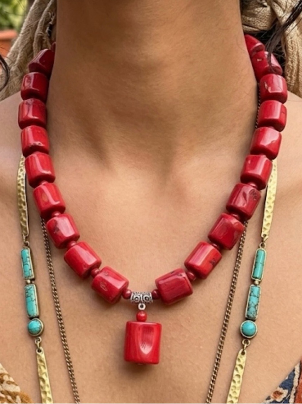 Vintage Red Coral Necklace 18 inch Chunky Heavy Boho Statement 145g